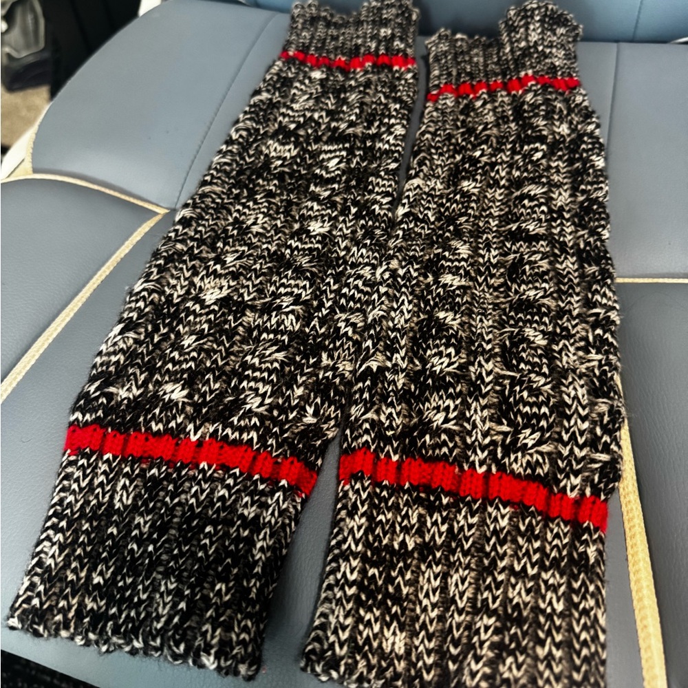 Black and White Knit Leg Warmers with Red Accents